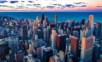 Aerial View of Chicago Skyline at Sunset Over Lake Michigan