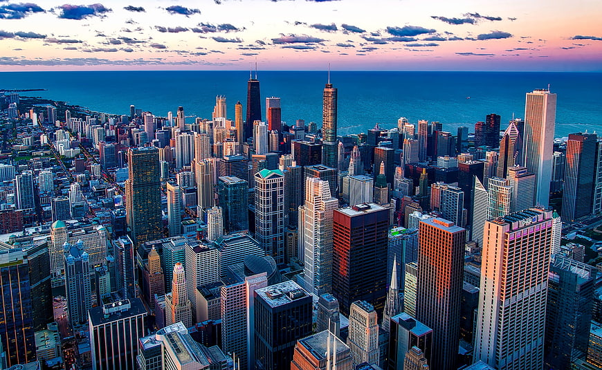 Aerial View of Chicago Skyline at Sunset Over Lake Michigan