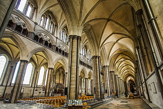 Gothic Cathedral Interior with Vaulted Ceilings and Stone Columns