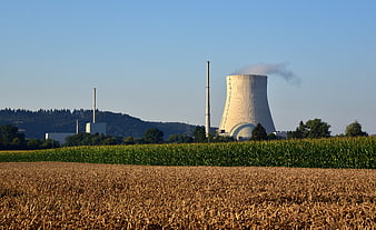 Nuclear power plant cooling tower rising above green agricultural fields