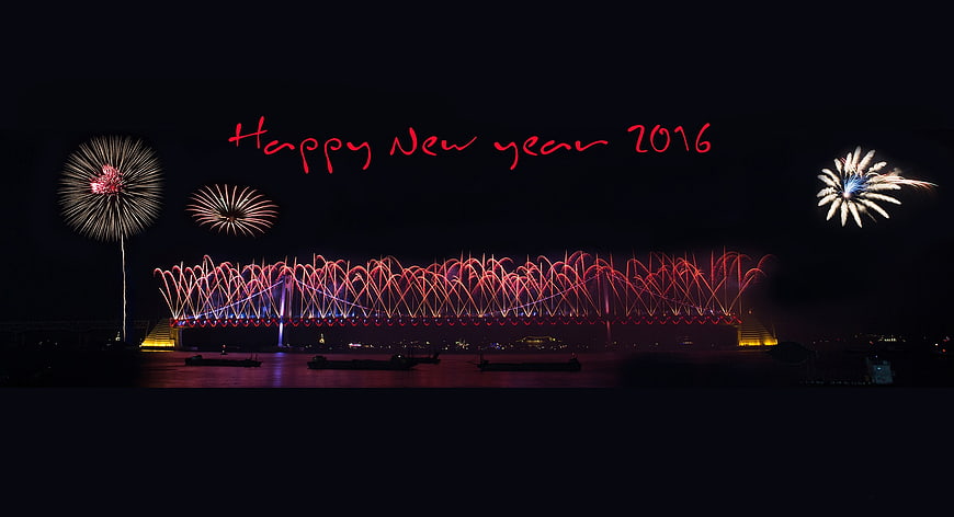 Happy New Year 2016 Fireworks Display Over Bridge