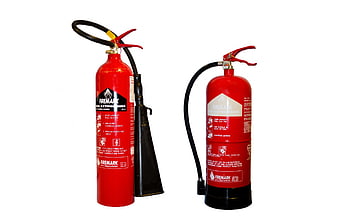 Two red Firemark fire extinguishers on white background