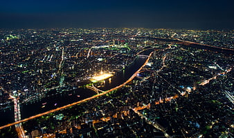 Aerial Night View of Tokyo Cityscape with Rainbow Bridge and Sumida River