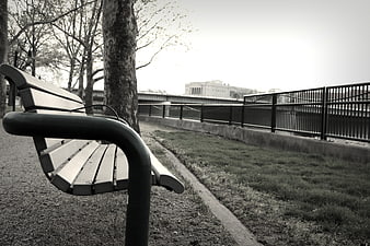Empty park bench near river with city skyline background