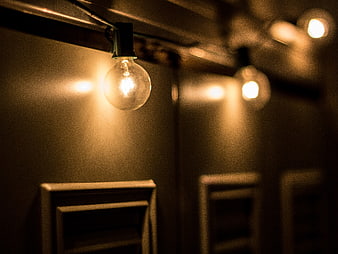 Vintage Edison Light Bulbs Hanging in Dark Interior