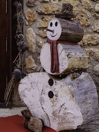 Rustic Wooden Snowman Sculpture with Red Scarf