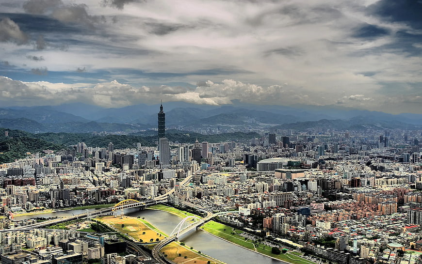 Aerial View of Taipei Cityscape with Taipei 101 and Mountains