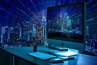 Futuristic Digital Workspace With Binary Code And Cityscape