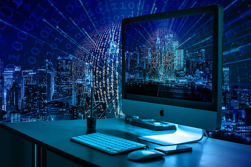 Futuristic Digital Workspace With Binary Code And Cityscape