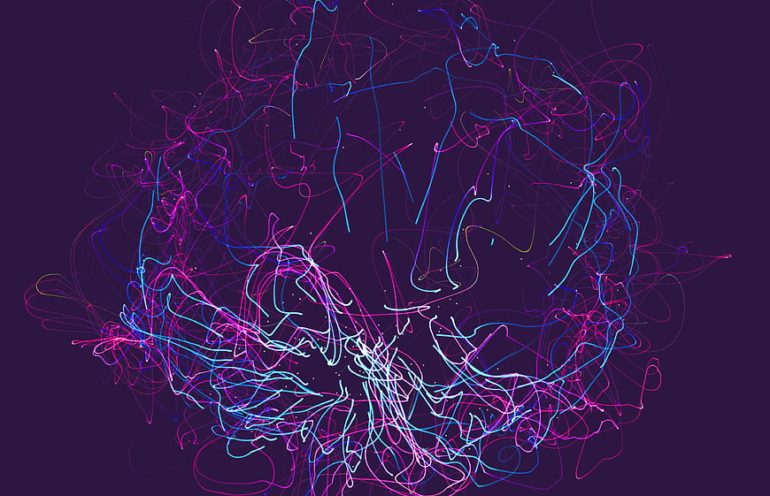Abstract neon scribble lines on dark purple background