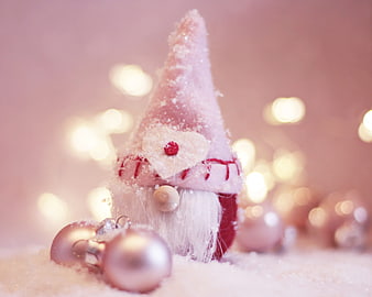 Pink Christmas Gnome Figurine With Snow And Bokeh Lights