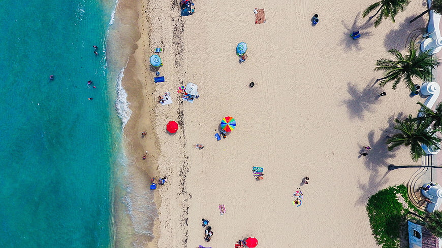 Aerial View of Tropical Beach with Turquoise Water and Palm Trees