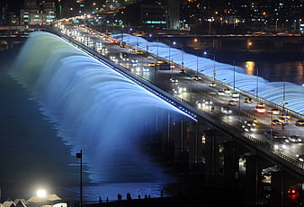 Seoul Rainbow Fountain Bridge Night Traffic Cityscape