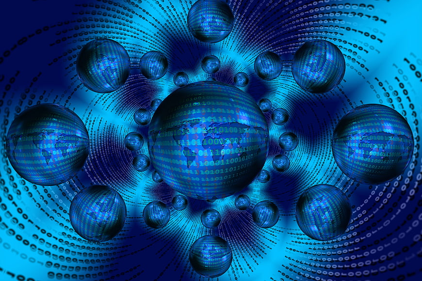 Abstract blue digital network with binary code spheres