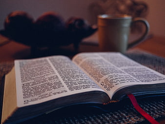 Open Bible with Coffee Mug and Fruit Bowl