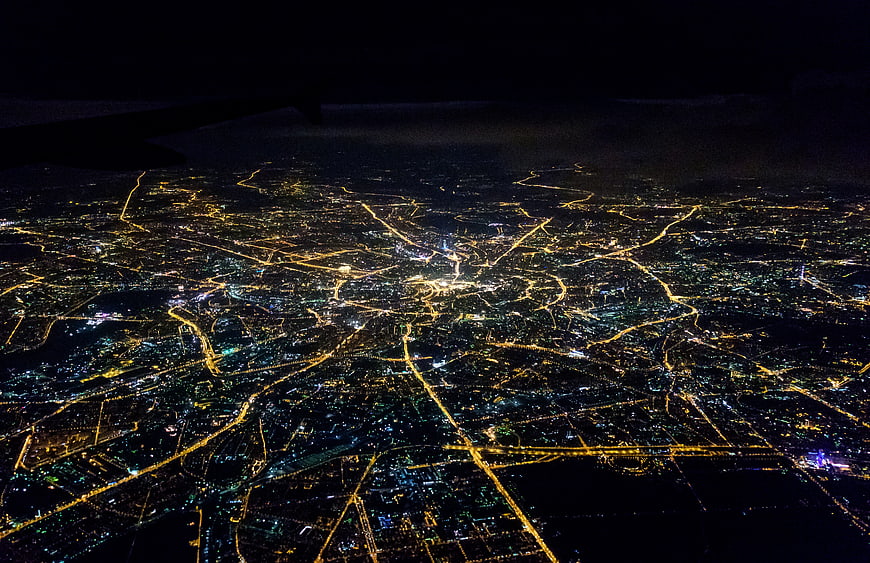 Aerial Night View of Moscow City Lights from Airplane
