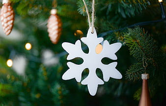 White Snowflake Christmas Ornament on Pine Tree
