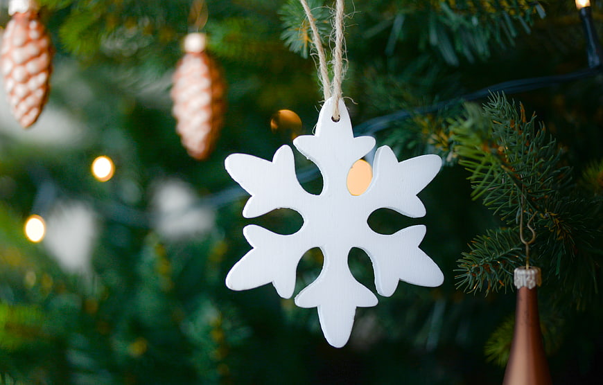 White Snowflake Christmas Ornament on Pine Tree