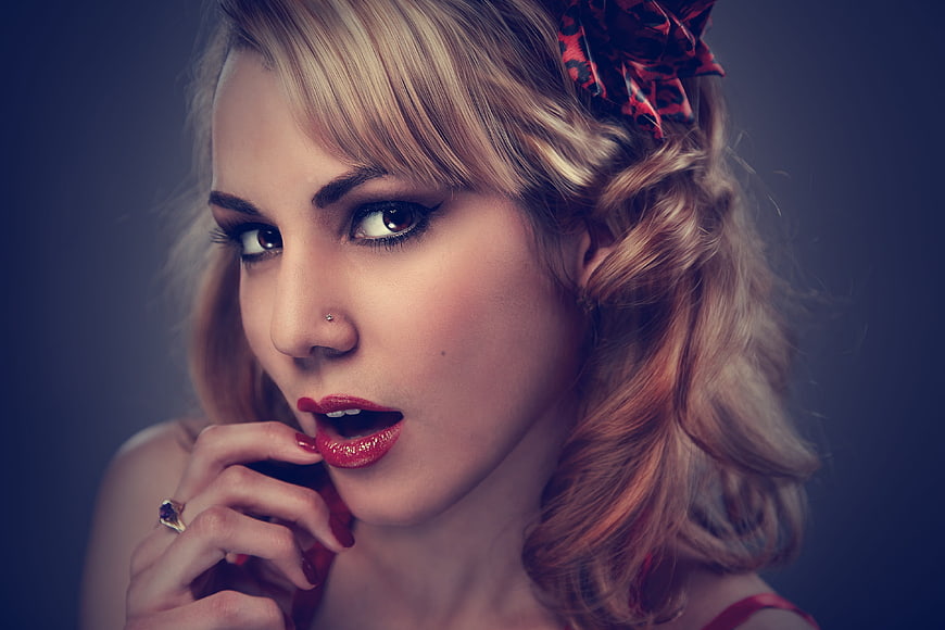 Vintage Style Portrait of Blonde Woman with Red Lipstick