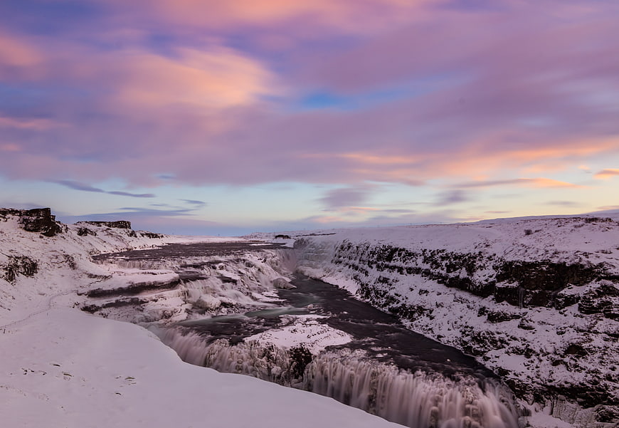 Frozen Gullfoss Waterfall in Iceland Winter Sunset