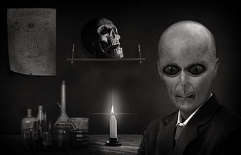 Black and white portrait of alien in suit with skull and lab equipment