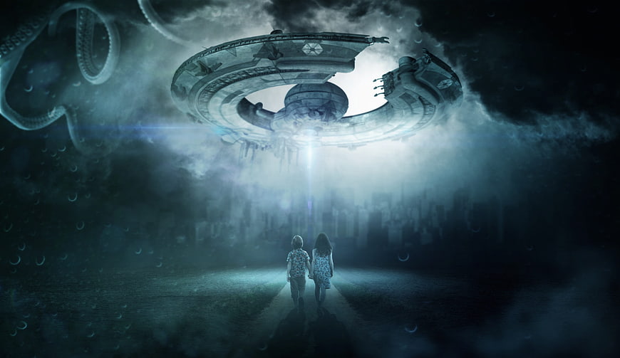 Children walking toward giant UFO in dark sci-fi landscape