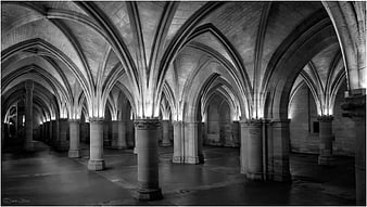 Black and white Gothic vaulted ceiling architecture