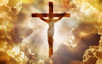 Silhouette of Jesus on Cross in Golden Clouds