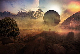 Futuristic Satellite Dish In Misty Mountain Valley With Giant Moon