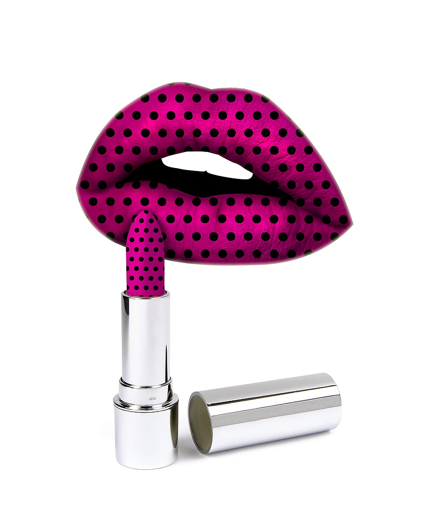 Pink Polka Dot Lipstick and Lips on White Background