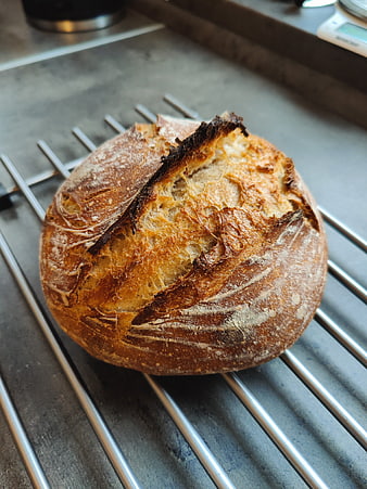 Freshly baked sourdough loaf on cooling rack