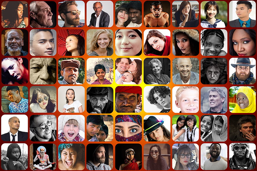 Diverse collage of human faces in a grid layout