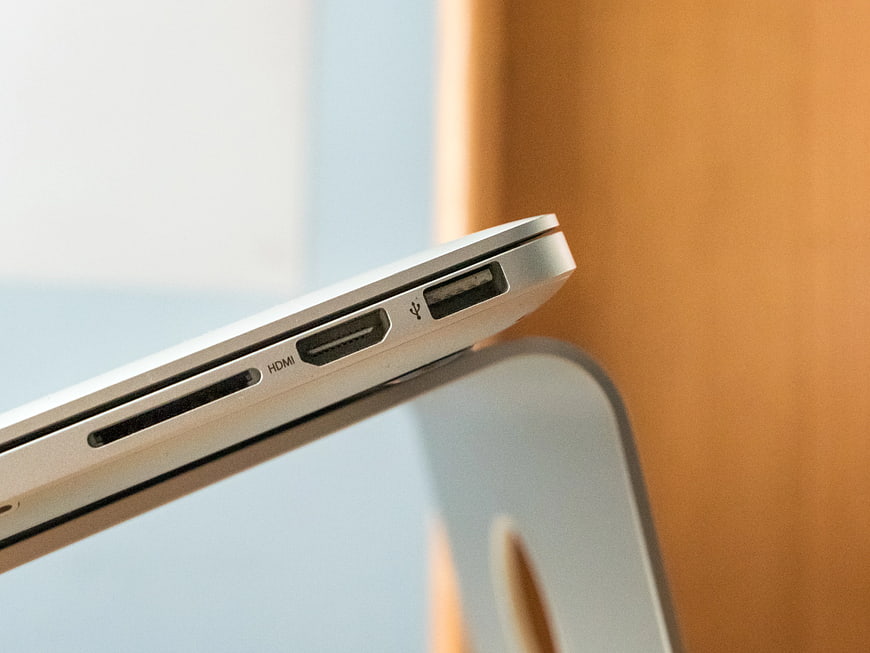 Close-up of Silver Laptop Side Ports and Connectivity