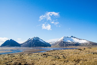 Snow-capped mountains and river in Icelandic landscape