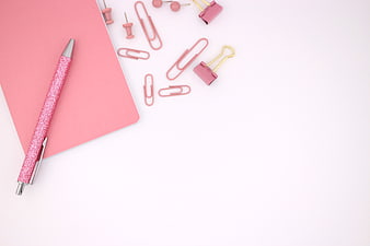 Pink Glitter Pen and Notebook Flat Lay with Office Supplies