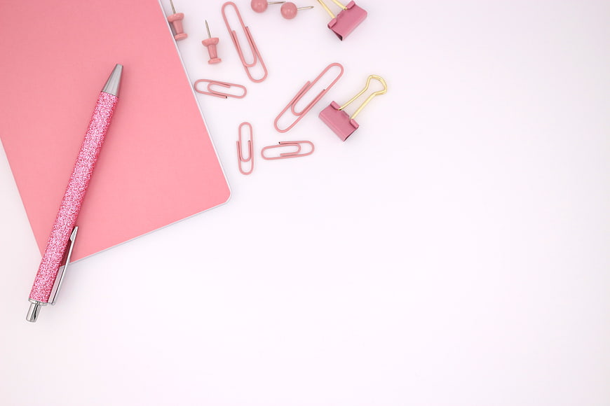 Pink Glitter Pen and Notebook Flat Lay with Office Supplies