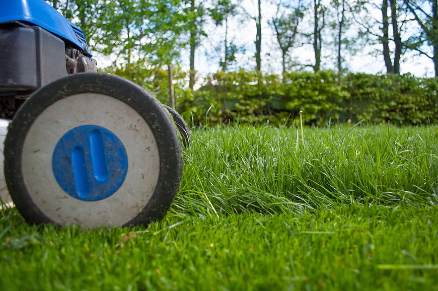 Close-up of blue lawnmower wheel on green grass