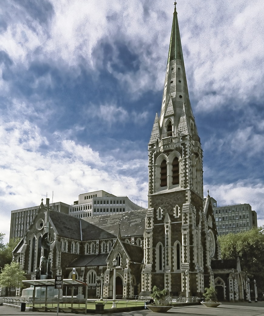 Historic Gothic Cathedral with Tall Spire in Urban City Center
