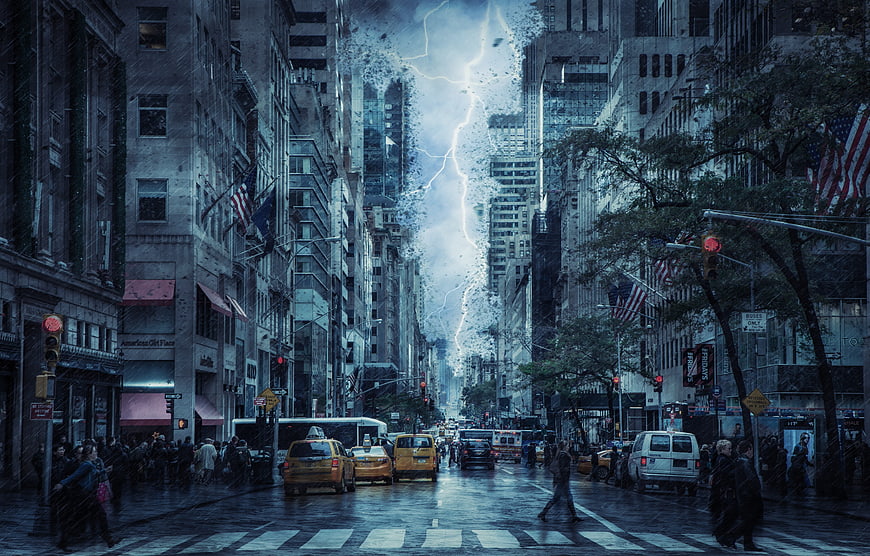 Dramatic Lightning Storm Over Busy New York City Street