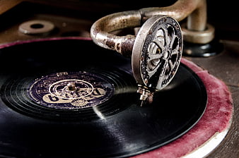 Close-up of vintage gramophone playing antique vinyl record