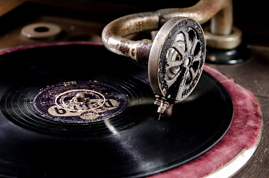 Close-up of vintage gramophone playing antique vinyl record