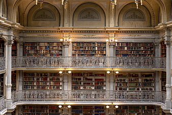 Grand interior of historic George Peabody Library in Baltimore