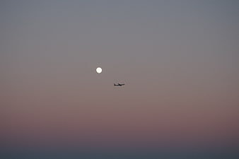 Airplane Flying Past Moon in Twilight Sky
