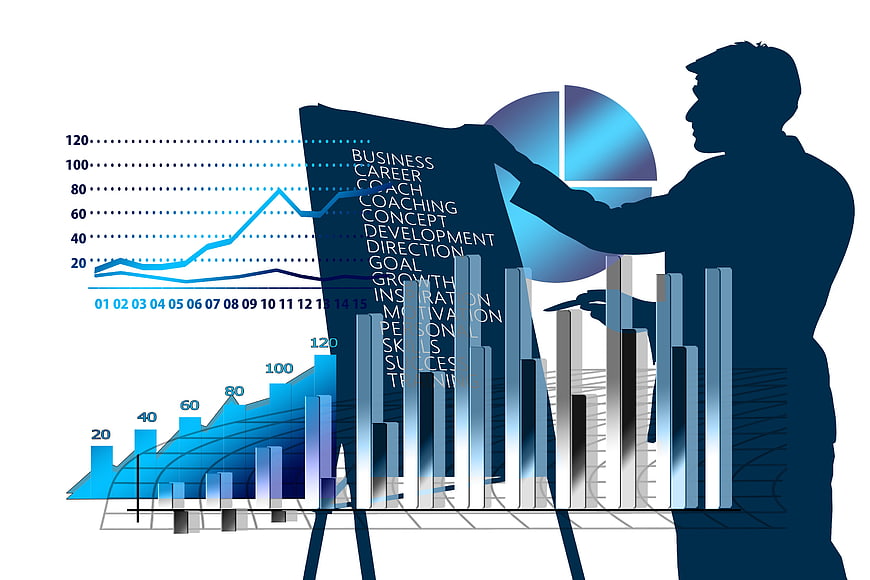 Business Growth Strategy Presentation with Charts and Silhouette