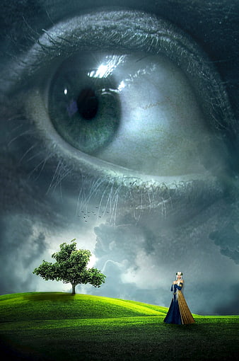 Surreal Fantasy Eye Landscape with Woman and Tree