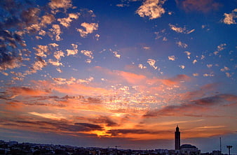 Hassan II Mosque Minaret Silhouette Against Dramatic Sunset Sky