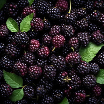 Close-Up of Fresh Blackberries with Green Leaves