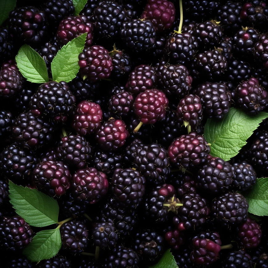 Close-Up of Fresh Blackberries with Green Leaves