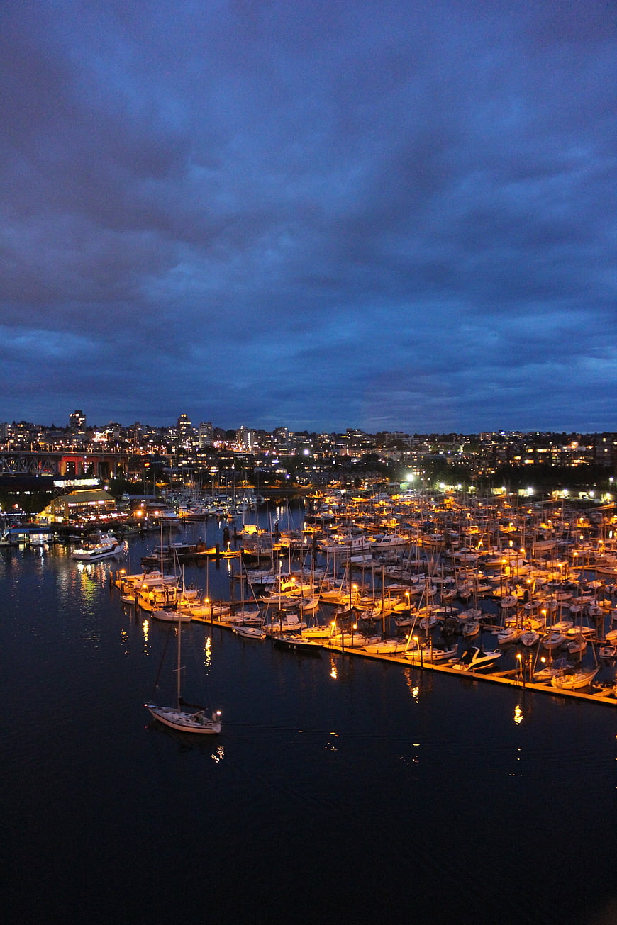 Vancouver Marina Night View With City Lights And Boats