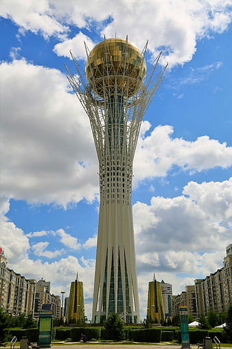 Bayterek Tower in Astana, Kazakhstan with blue sky and clouds